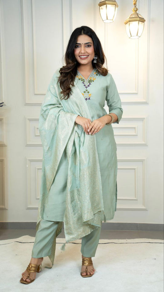 C Green Kurti Pant Dupatta Set – Premium Roman Silk  code 379