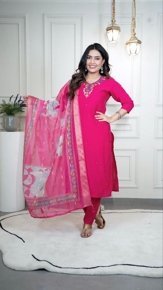 Pink Premium Roman Silk Kurti Set  code 377 Pink