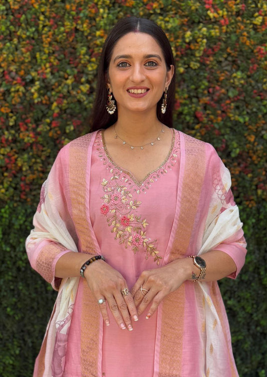Light pink Kurti Pant Dupatta Set – Premium Roman Silk    code 358 Light Pink