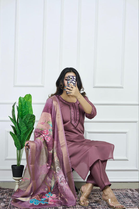 Burgundy Kurti Pant Dupatta Set – Premium Roman Silk  code 373