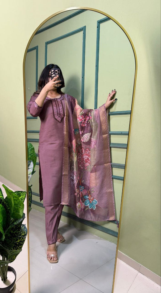 Burgundy Kurti Pant Dupatta Set – Premium Roman Silk  code 373