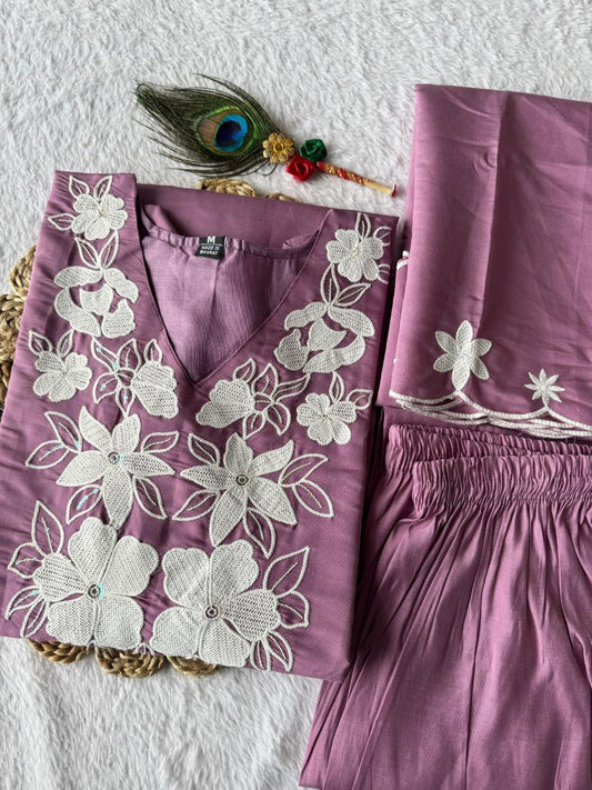 Ice Wine Kurti Pant Dupatta Set – Premium Roman Silk   code 375