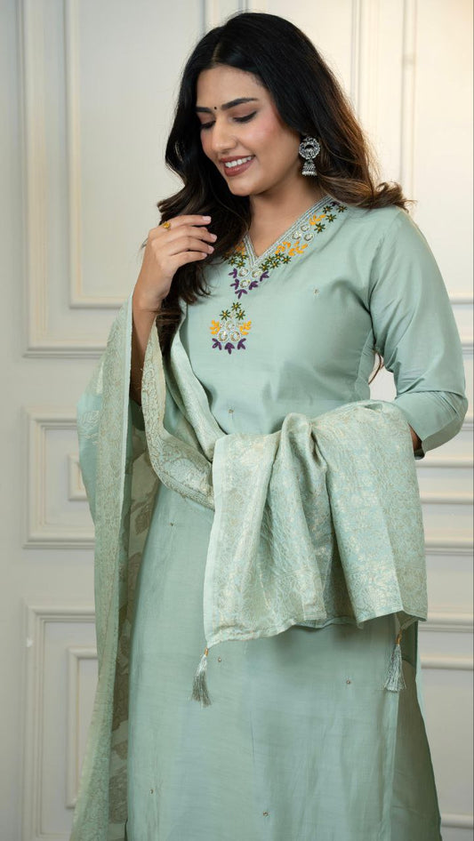 C Green Kurti Pant Dupatta Set – Premium Roman Silk  code 379