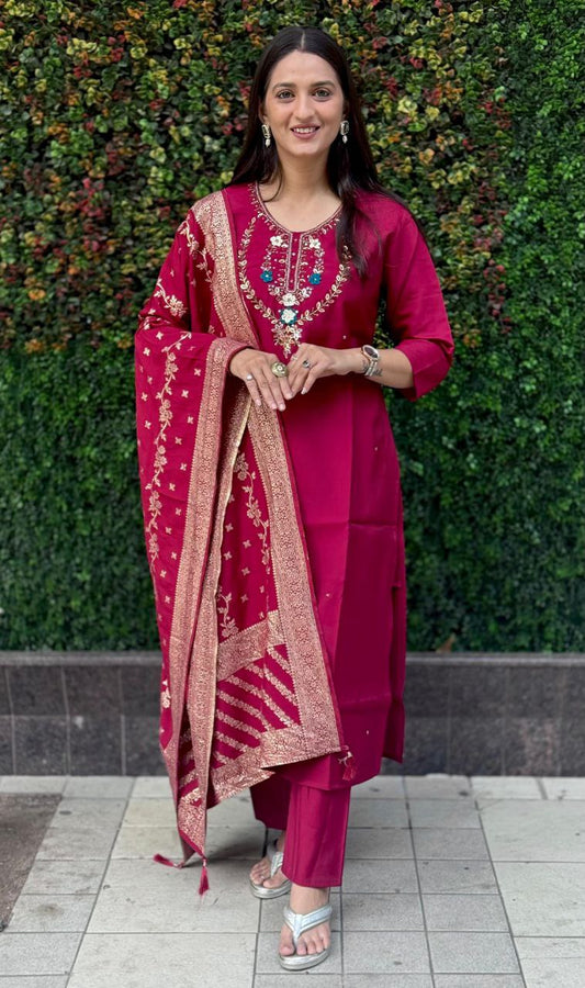 Cherry Kurti Pant Dupatta Set – Premium Roman Silk  code 360