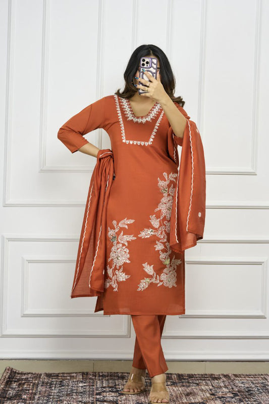 Rust Kurti Pant Dupatta Set – Premium Roman Silk   code 374