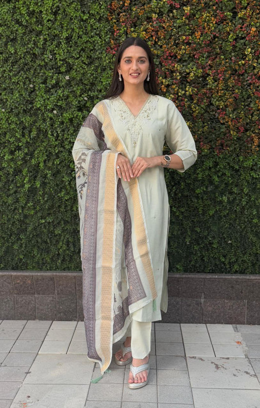 Light Pista Kurti Pant Dupatta Set – Premium Roman Silk  code 363
