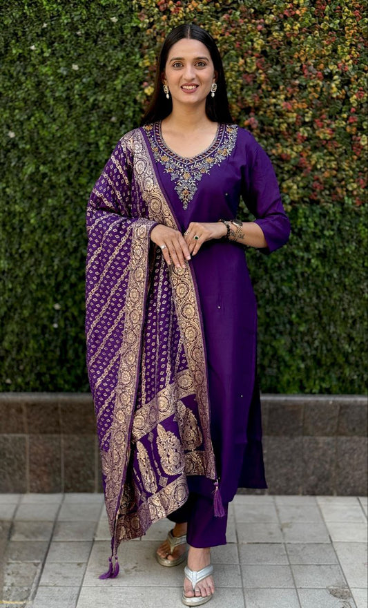 Purple Kurti Pant Dupatta Set – Premium Roman Silk  code 364-purple