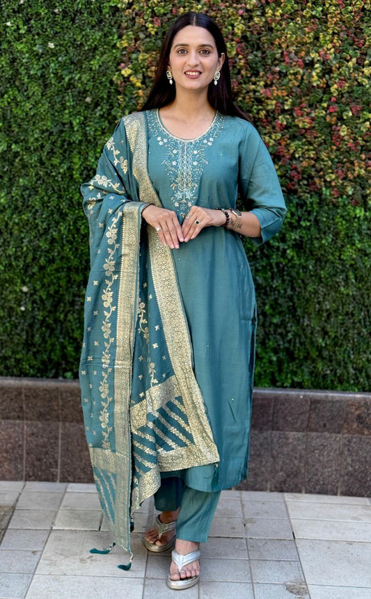 Teal Kurti Pant Dupatta Set – Premium Roman Silk  code 368