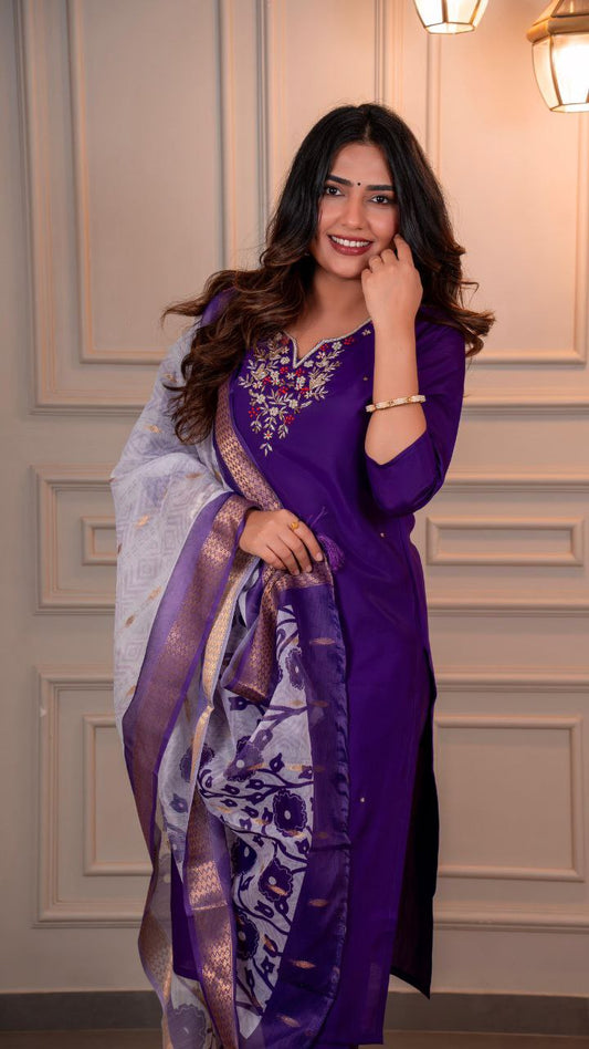 Purple Kurti Pant Dupatta Set – Premium Roman Silk code 380