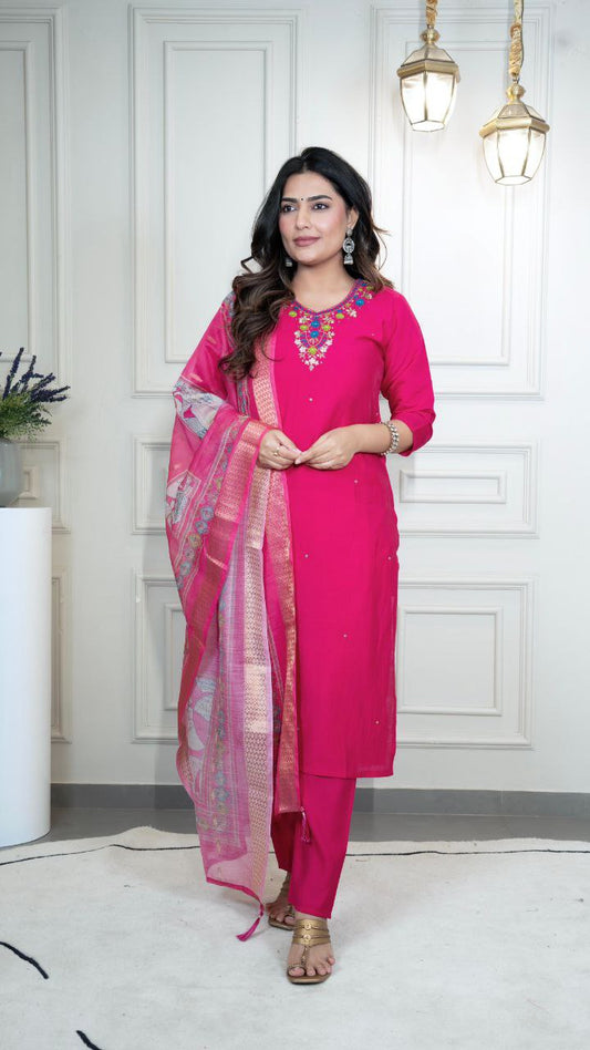 Pink Premium Roman Silk Kurti Set  code 377 Pink