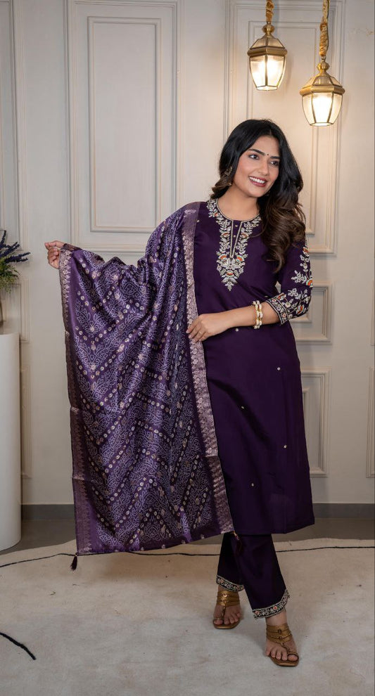 Dark Purple Kurti Pant Dupatta Set – Premium Roman Silk  code 382