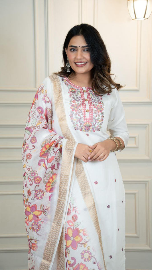 Cream  Kurti Pant Dupatta Set – Premium Roman Silk  code 371
