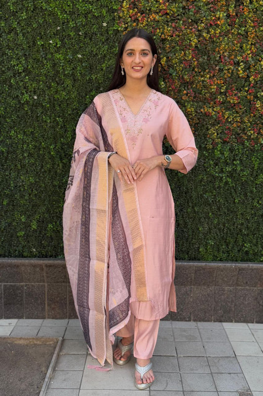 Peach  Kurti Pant Dupatta Set – Premium Roman Silk  code 363
