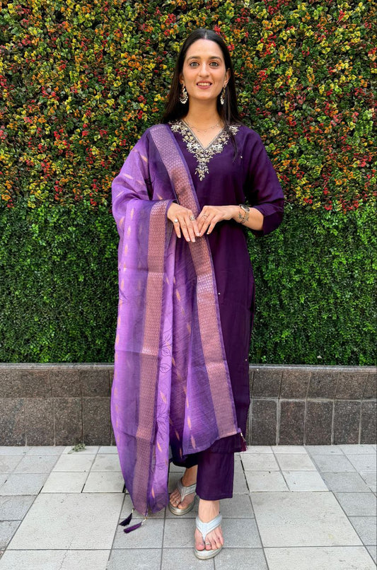 Dark Purple Kurti Pant Dupatta Set – Premium Roman Silk  code 365-Dark Purple