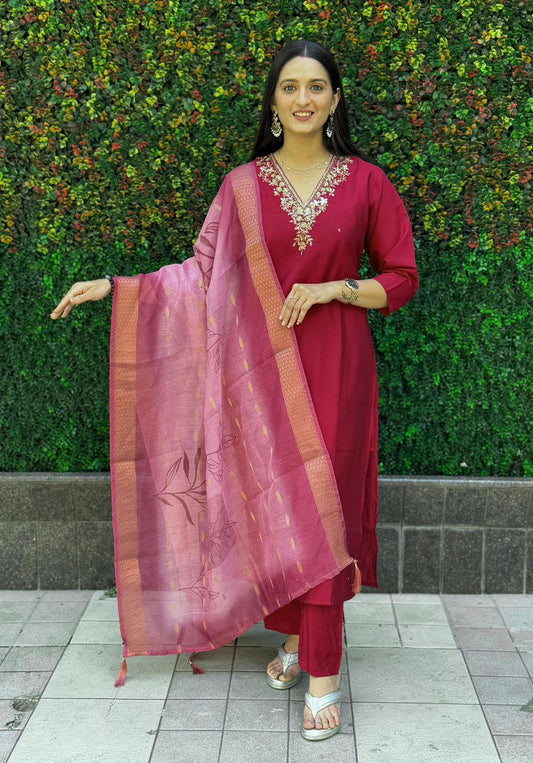 Maroon Kurti Pant Dupatta Set – Premium Roman Silk  code 365