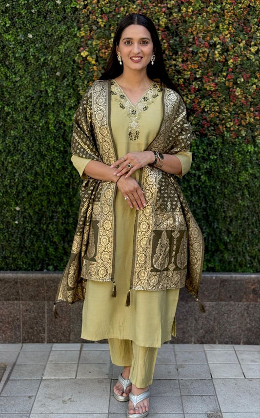 Elaichi Kurti Pant Dupatta Set – Premium Roman Silk  code 361