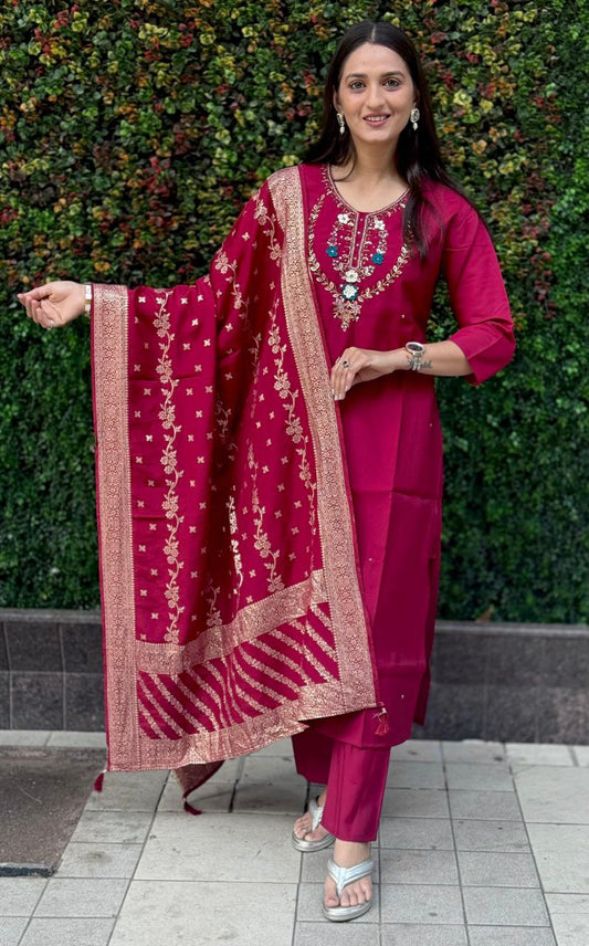 Cherry Kurti Pant Dupatta Set – Premium Roman Silk  code 360
