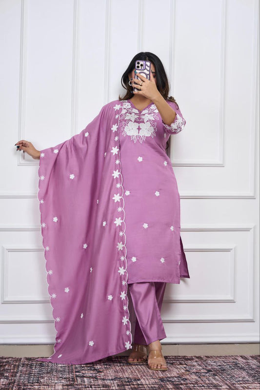 Ice Wine Kurti Pant Dupatta Set – Premium Roman Silk   code 375
