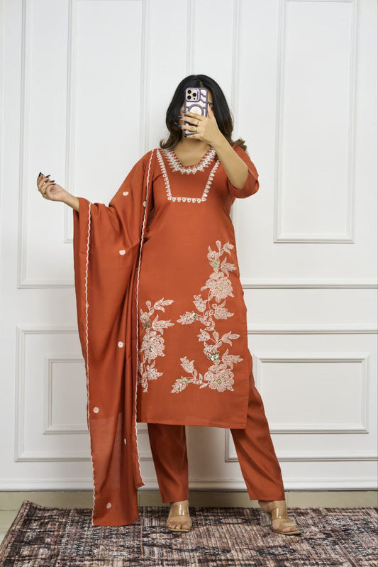 Rust Kurti Pant Dupatta Set – Premium Roman Silk   code 374