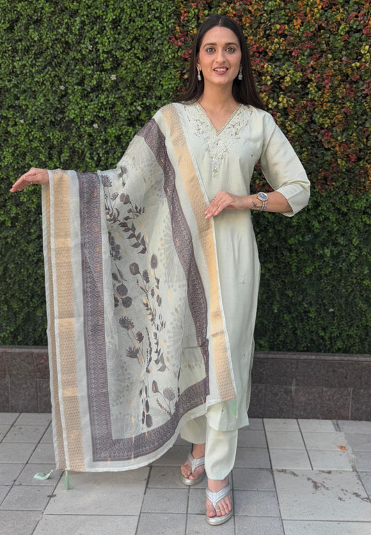 Light Pista Kurti Pant Dupatta Set – Premium Roman Silk  code 363