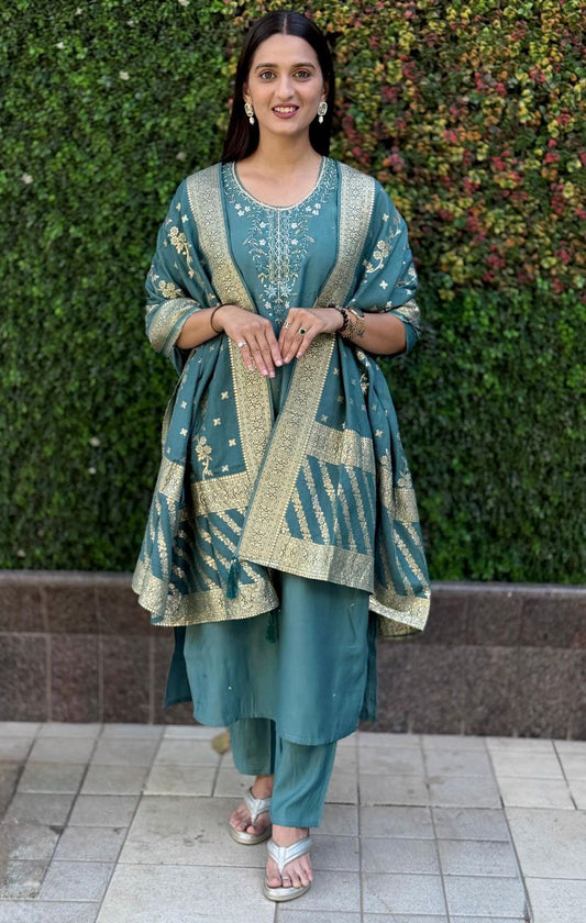 Teal Kurti Pant Dupatta Set – Premium Roman Silk  code 368