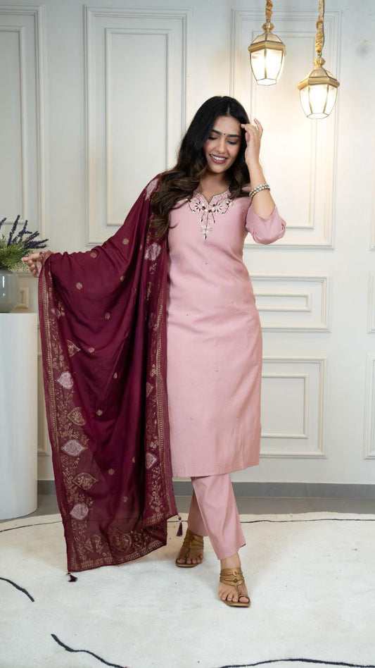 Light Pink Kurti Pant Dupatta Set – Premium Roman Silk   code 378