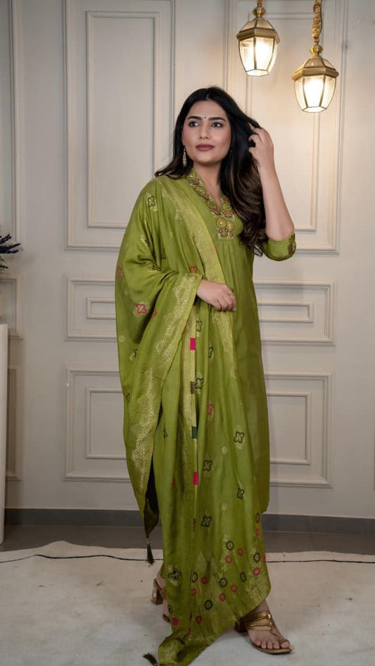 Light Mehendi Kurti Pant Dupatta Set – Premium Roman Silk   code 376