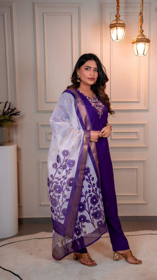 Purple Kurti Pant Dupatta Set – Premium Roman Silk code 380