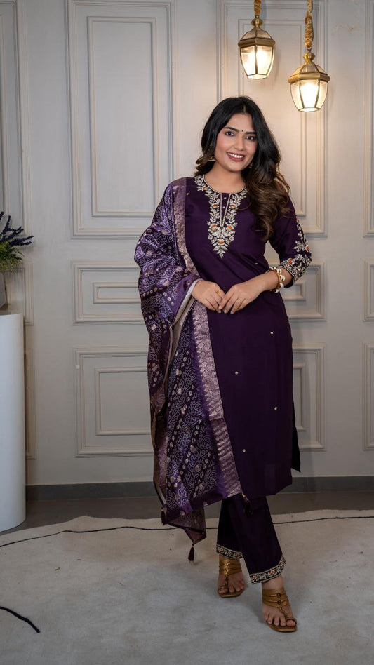 Dark Purple Kurti Pant Dupatta Set – Premium Roman Silk  code 382