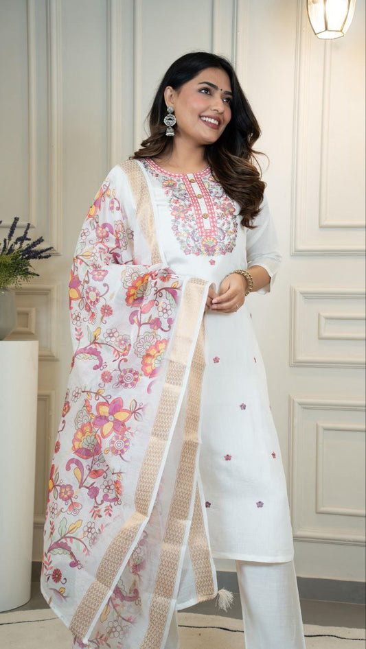 Cream  Kurti Pant Dupatta Set – Premium Roman Silk  code 371