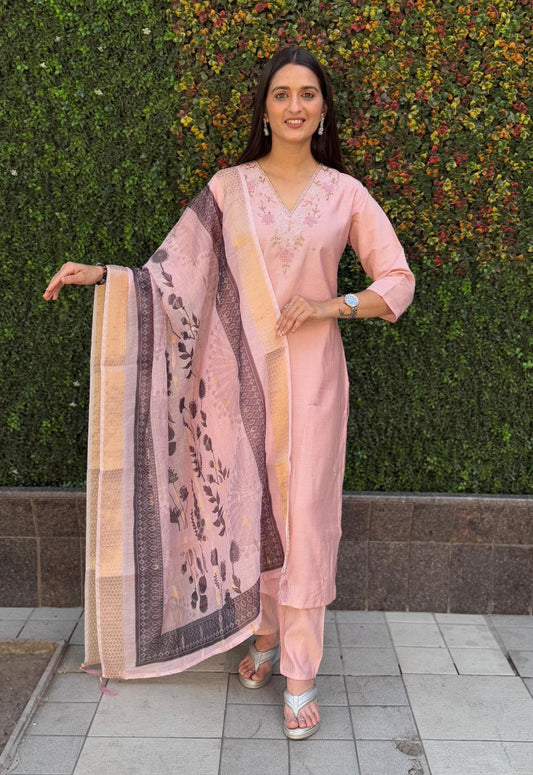 Peach  Kurti Pant Dupatta Set – Premium Roman Silk  code 363
