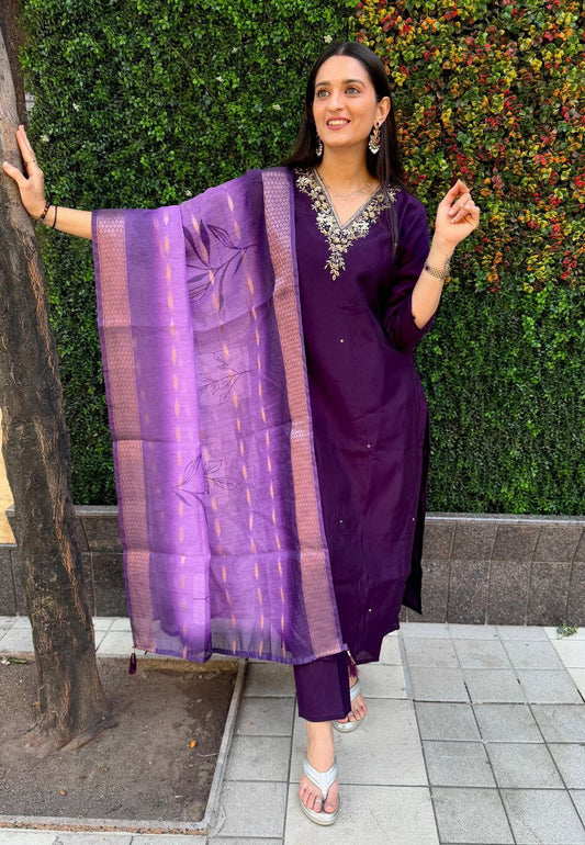 Dark Purple Kurti Pant Dupatta Set – Premium Roman Silk  code 365-Dark Purple