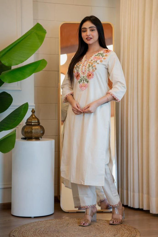 Cream Kurti Pant Set – Pure Khadi Cotton   code 384
