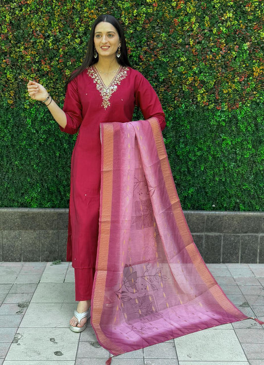 Maroon Kurti Pant Dupatta Set – Premium Roman Silk  code 365