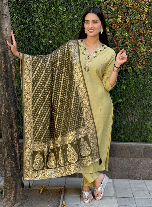 Elaichi Kurti Pant Dupatta Set – Premium Roman Silk  code 361