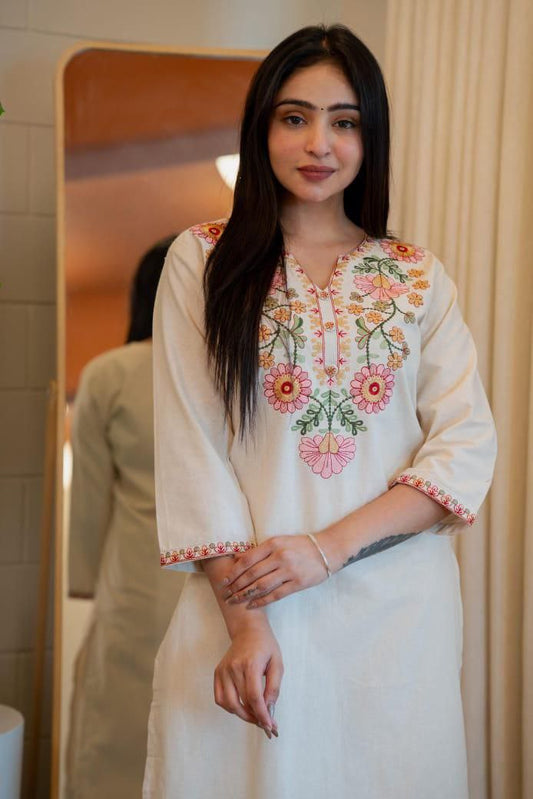 Cream Kurti Pant Set – Pure Khadi Cotton   code 384