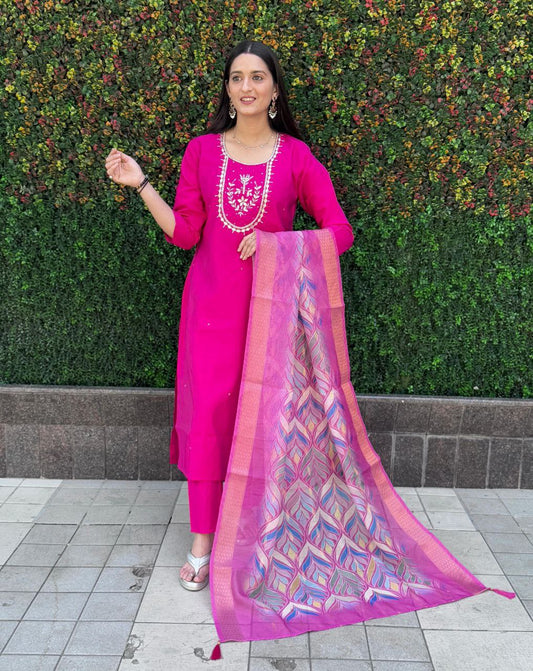 Pink Kurti Pant Dupatta Set – Premium Roman Silk  code 362 Pink