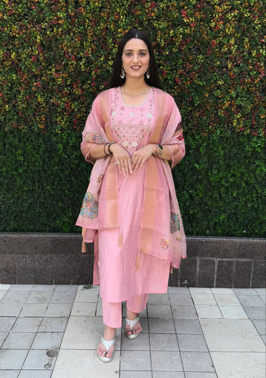 Light Pink Kurti Pant Dupatta Set – Premium Roman Silk  code 369  Light Pink