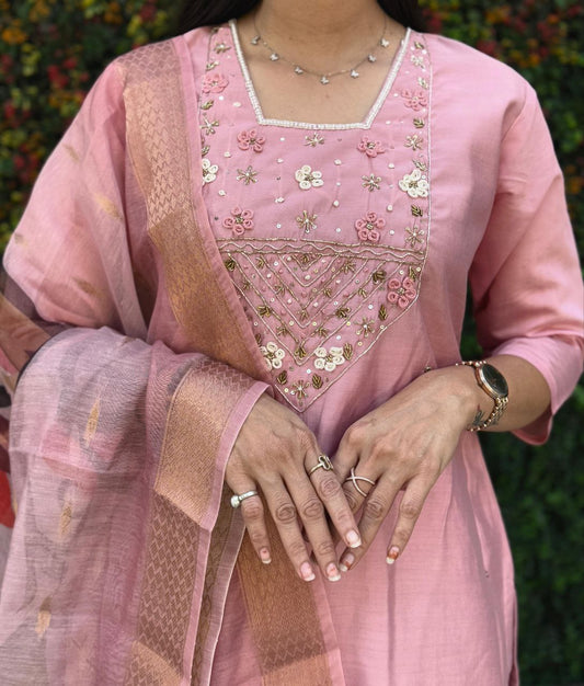 Light Pink Kurti Pant Dupatta Set – Premium Roman Silk  code 369  Light Pink