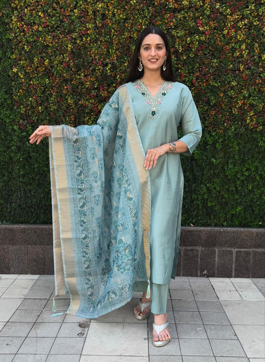 C-Green Kurti Pant Dupatta Set – Premium Roman Silk code 366 C-Green