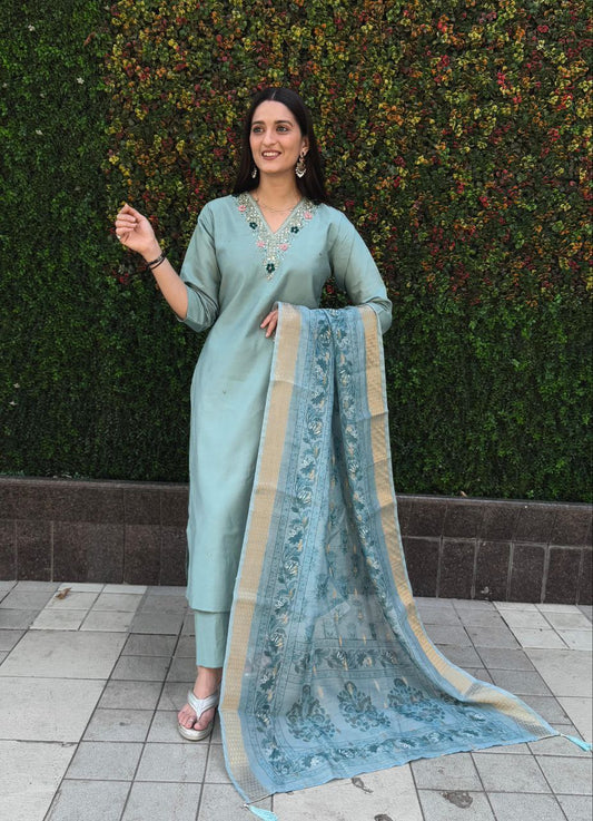 C-Green Kurti Pant Dupatta Set – Premium Roman Silk code 366 C-Green