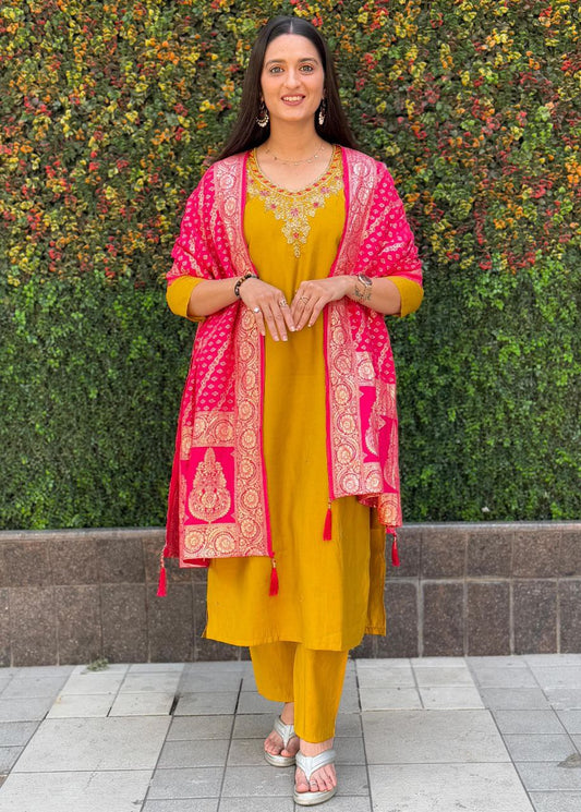 Yellow  Kurti Pant Dupatta Set – Premium Roman Silk Code 364 Yellow