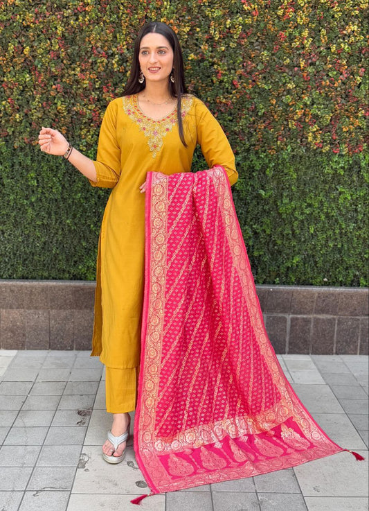 Yellow  Kurti Pant Dupatta Set – Premium Roman Silk Code 364 Yellow