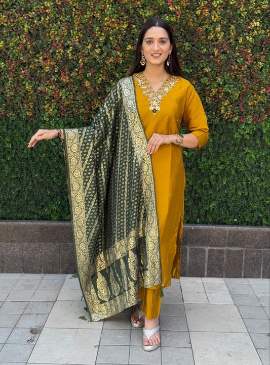 Mustard Yellow Kurti Pant Dupatta Set – Premium Roman Silk code 367 Mustard Yellow
