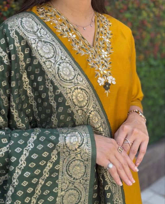 Mustard Yellow Kurti Pant Dupatta Set – Premium Roman Silk code 367 Mustard Yellow