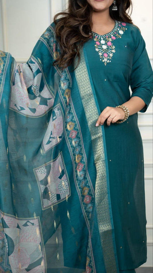 Dark Rama Kurti Pant Dupatta Set – Premium Roman Silk   code 377 Dark rama
