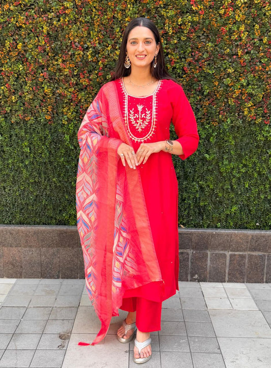 Red  Kurti Pant Dupatta Set – Premium Roman Silk  Code 362 Red