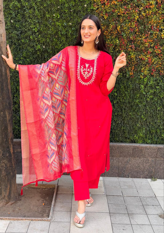Red  Kurti Pant Dupatta Set – Premium Roman Silk  Code 362 Red