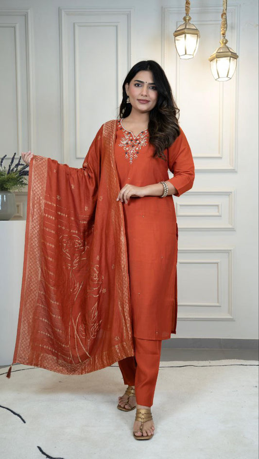 Rust Kurti Pant Dupatta Set – Premium Roman Silk   code 380 Rust