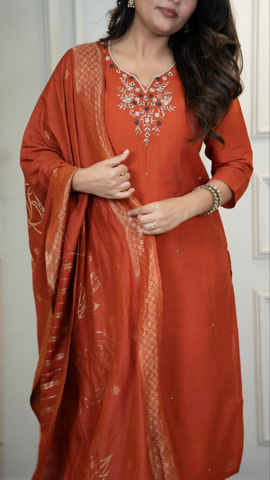 Rust Kurti Pant Dupatta Set – Premium Roman Silk   code 380 Rust